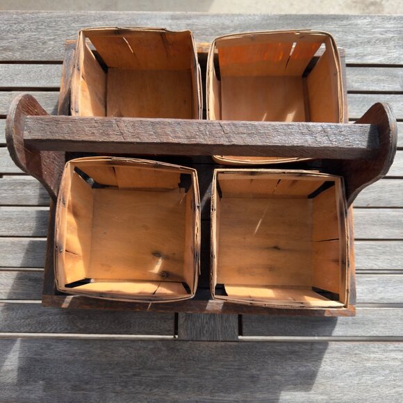 Vintage Handmade Rustic Wooden Berry 4 Basket Carrier Farmhouse Decor - Picture 5 of 16